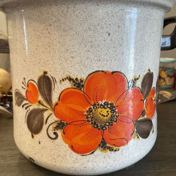 Vintage Sanko Ware Japan Country Flowers Porcelain Enamel Cookware Pot 9"x10" - Picture 4 of 10